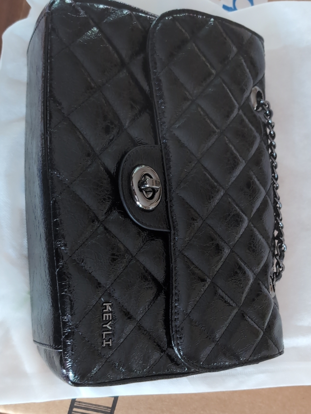 Black Quilted Patent Shoulder Bag with Chain Strap